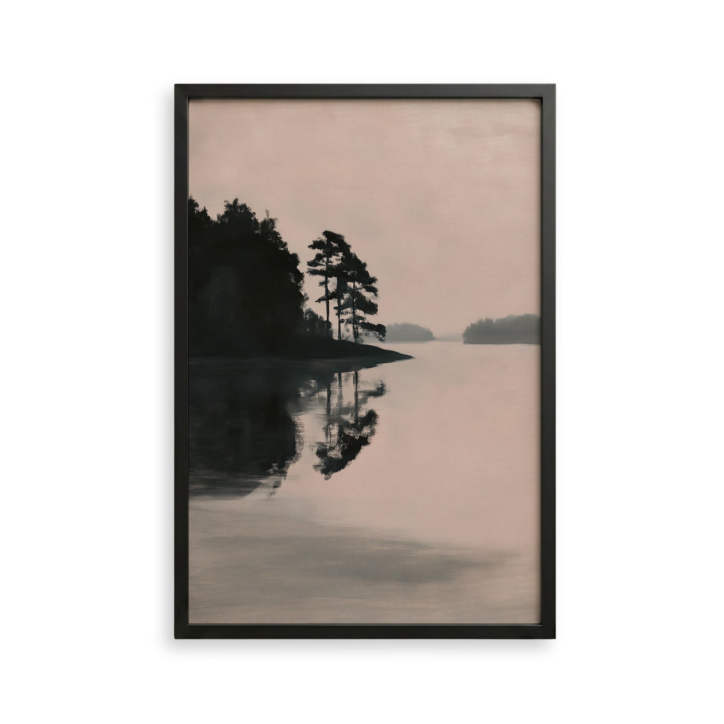 a serene landscape with a lake, trees, and a hazy sky.
