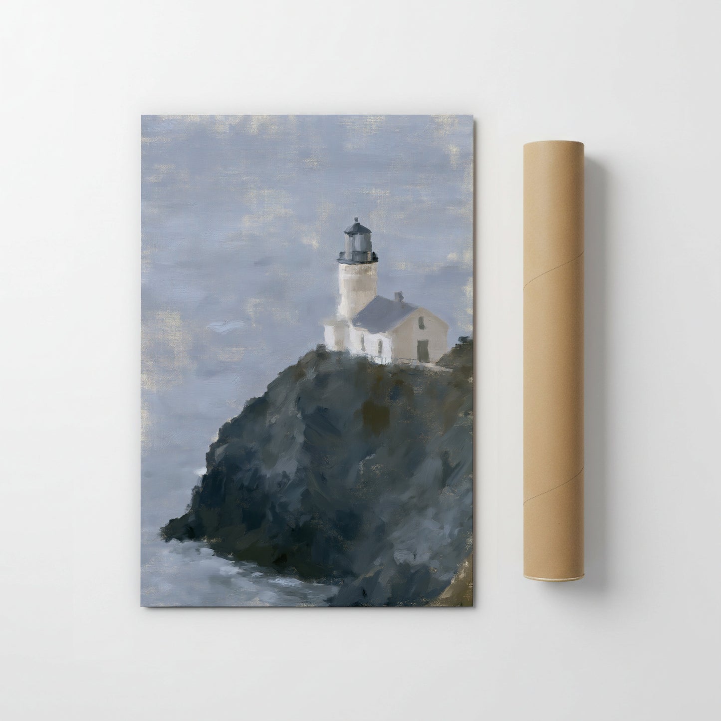 A painting of a lighthouse on a cliff overlooking the ocean, with a tube of paper next to it.