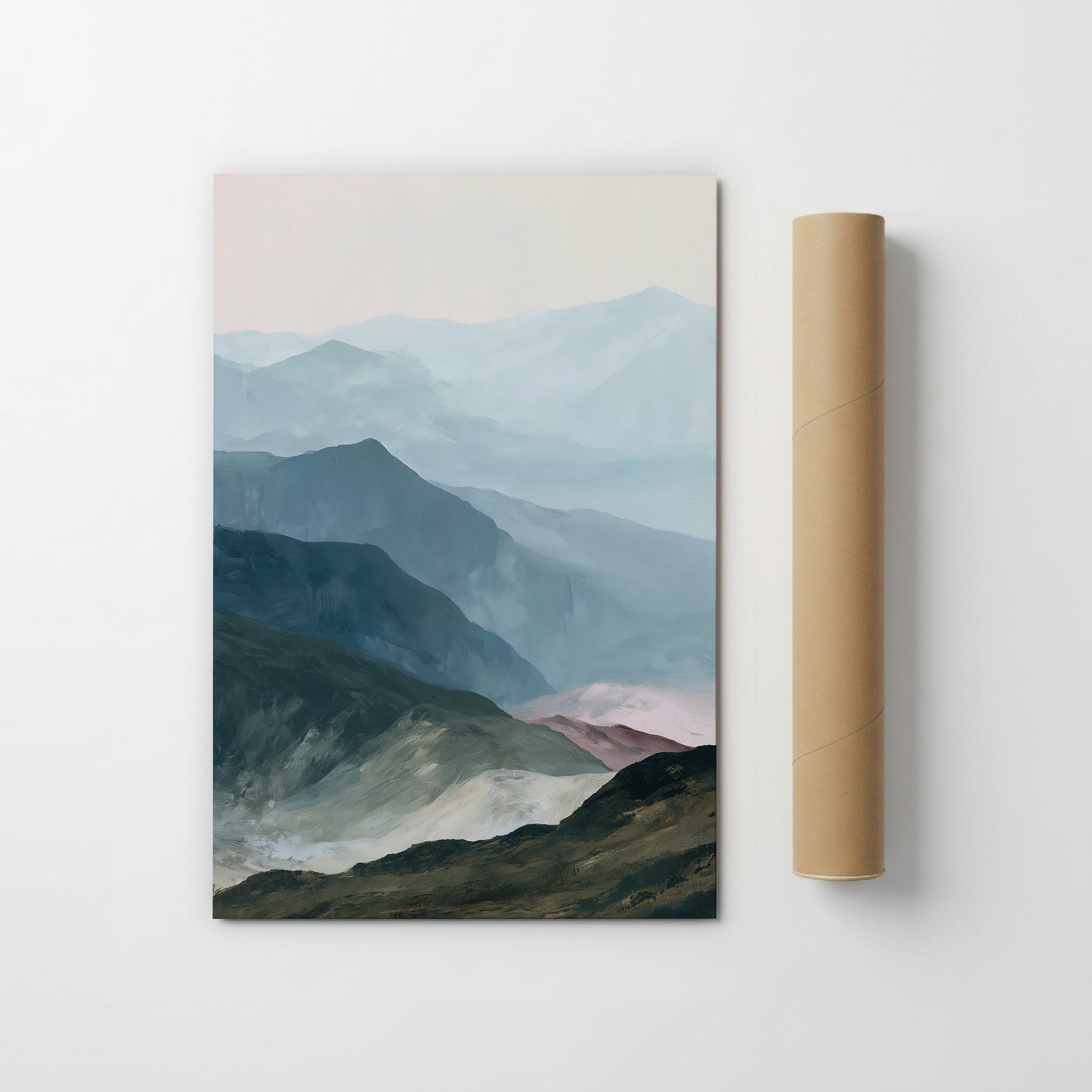 The image is a painting of a mountainous landscape, depicting a serene and tranquil scene with rolling hills and valleys.