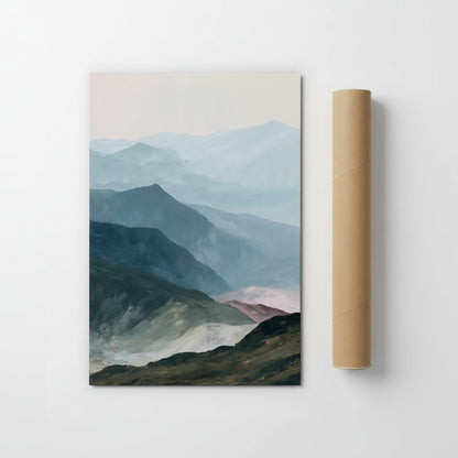 The image is a painting of a mountainous landscape, depicting a serene and tranquil scene with rolling hills and valleys.
