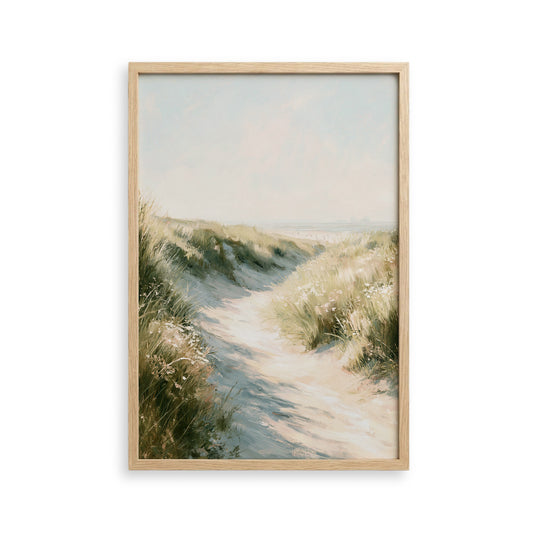 The image is a framed painting depicting a serene landscape with a winding path leading through a grassy field, with a body of water visible in the distance.