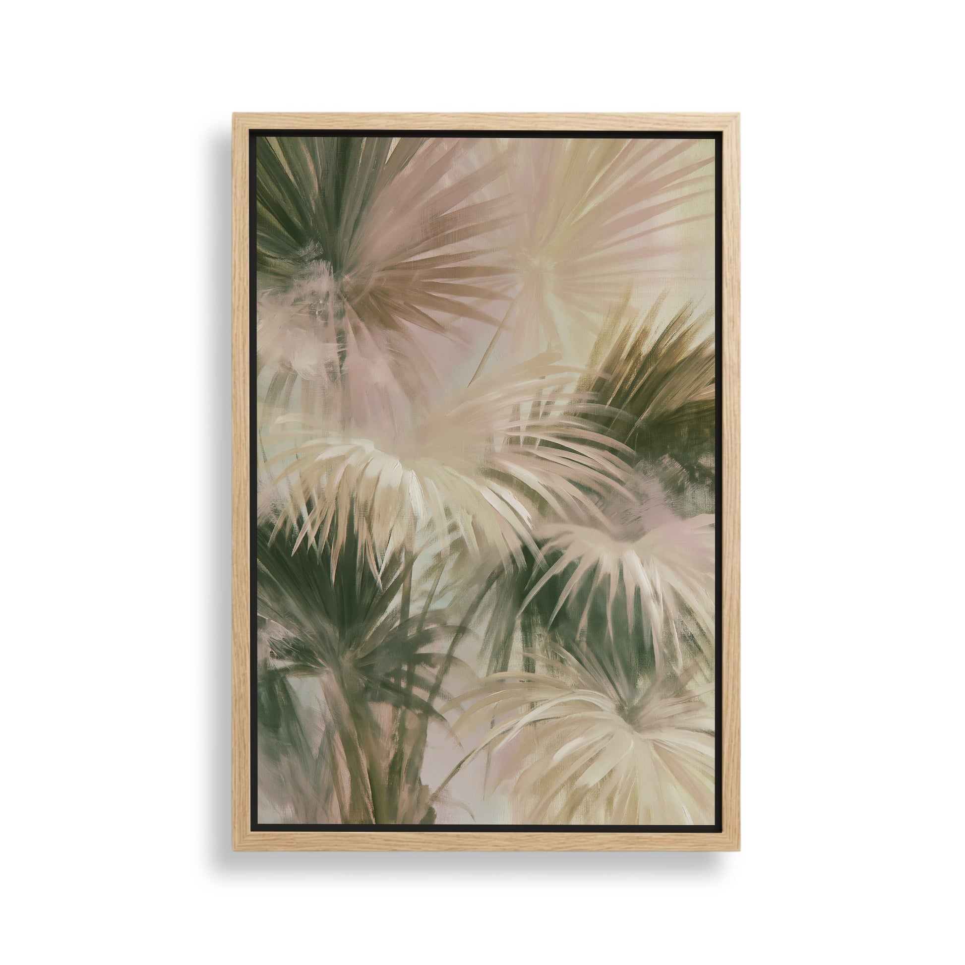 The image is a framed painting depicting a close-up view of palm leaves with a soft, pastel color palette.