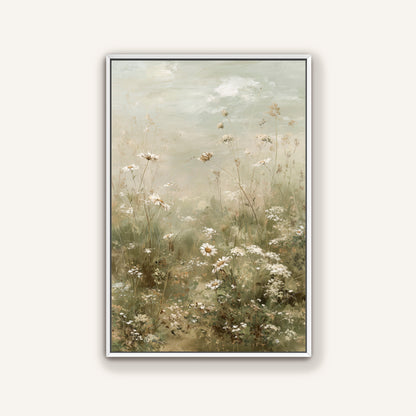 The image is a painting of a field of white flowers, with tall grasses and a cloudy sky in the background.