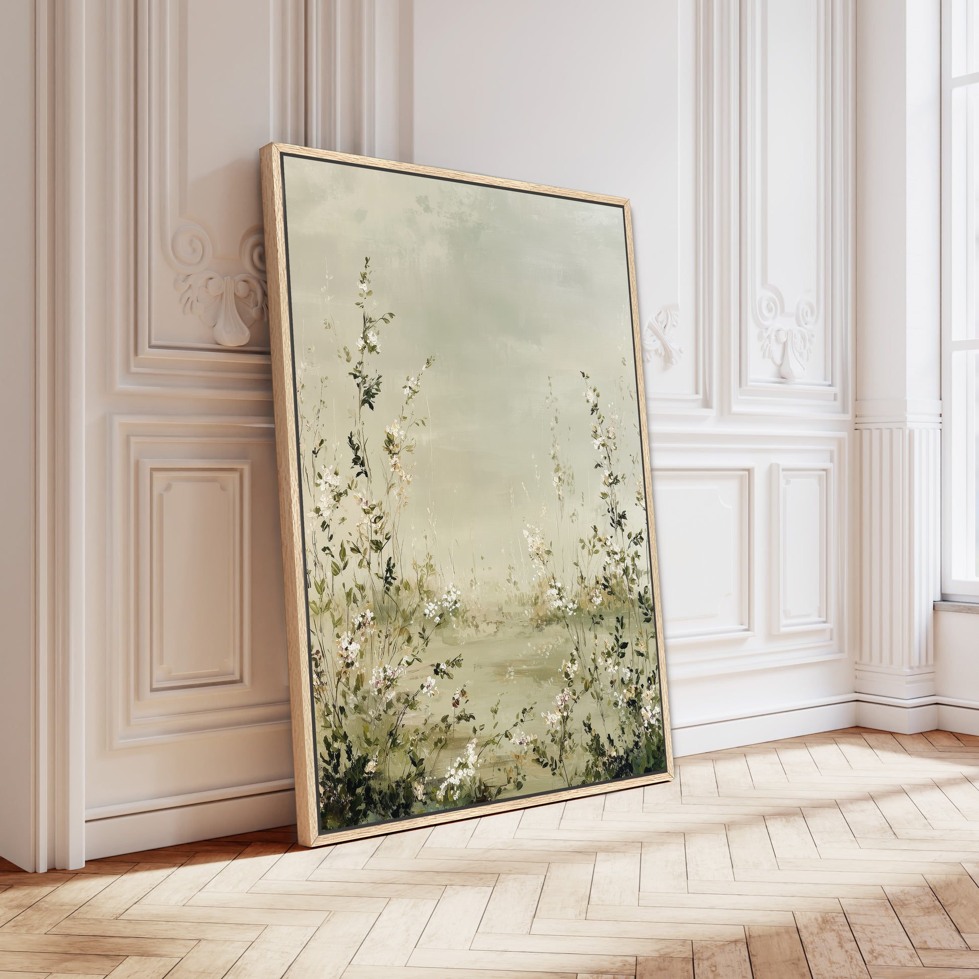 a large framed painting of a serene landscape with lush greenery and delicate white flowers, displayed on a wooden floor against a white wall.