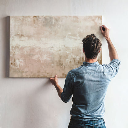 A man is hanging a large canvas on a wall, holding it up with his hands.