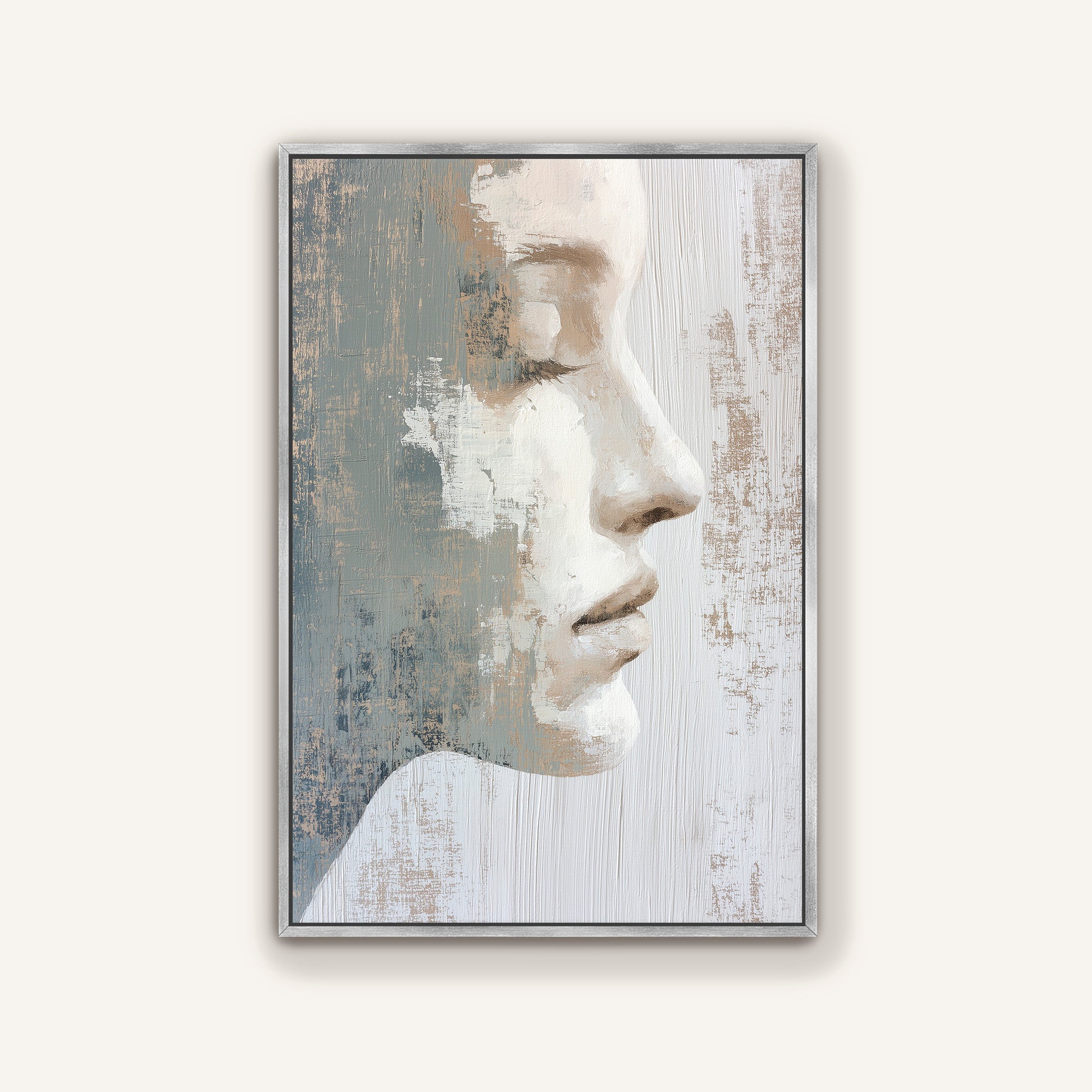 The image is a framed painting depicting a close-up profile view of a person's face, with a textured background.