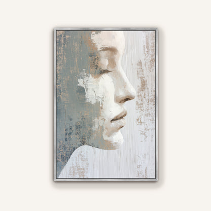 The image is a framed painting depicting a close-up profile view of a person's face, with a textured background.