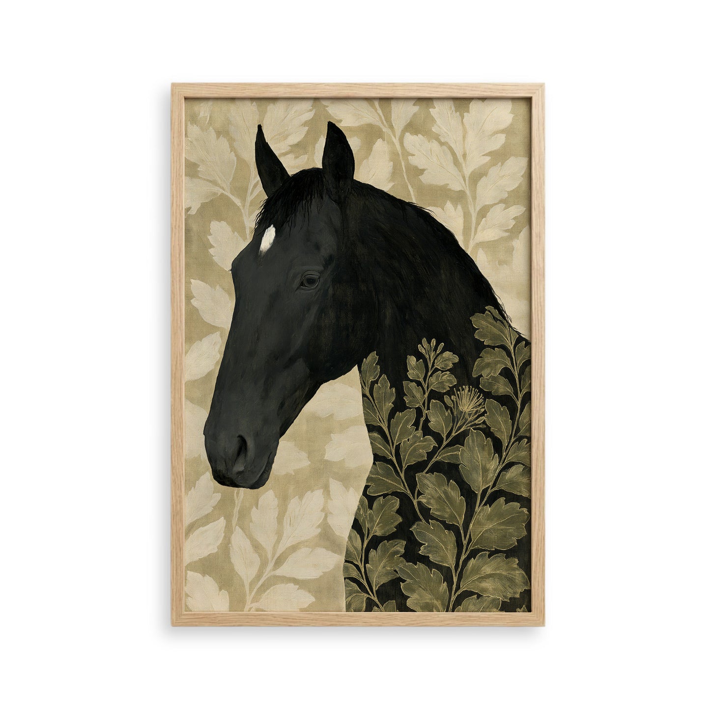 The image is a framed artwork depicting a black horse with a leafy pattern on its body.
