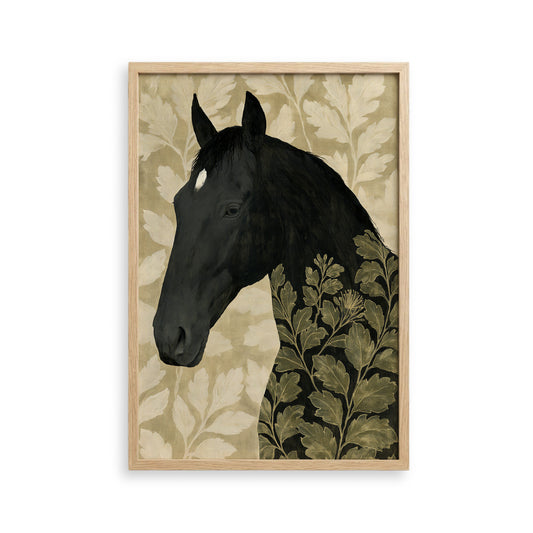 The image is a framed artwork depicting a black horse with a leafy pattern on its body.