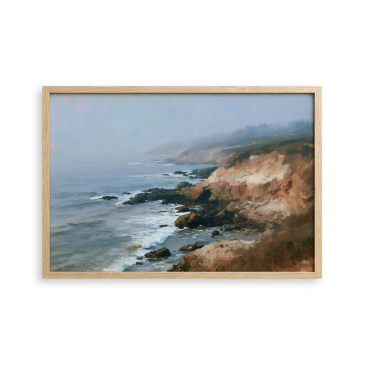 The image is a framed painting depicting a rocky coastline with crashing waves and a hazy sky.