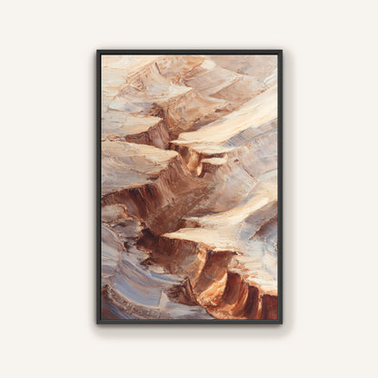 The image is a framed painting depicting a rocky cliff face with a mix of brown and beige hues, creating a visually striking and textured composition.