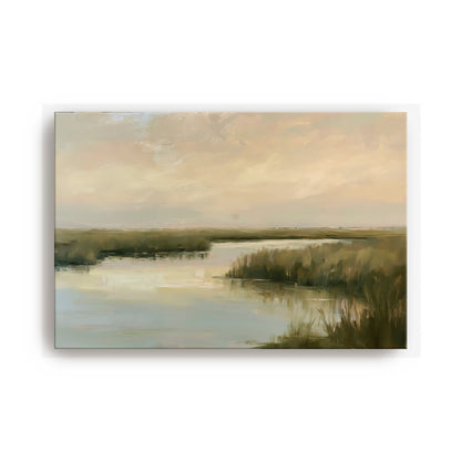 a serene landscape with a calm body of water, surrounded by lush vegetation and a cloudy sky.