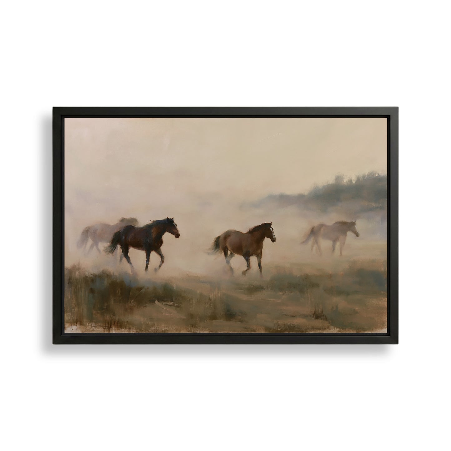 a group of horses running across a field, with a hazy, atmospheric background.