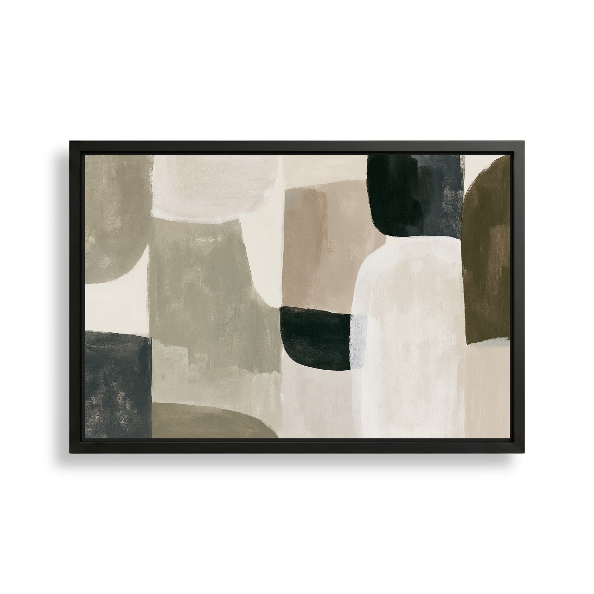 The image is a framed abstract painting with a minimalist design featuring various shades of gray and beige.