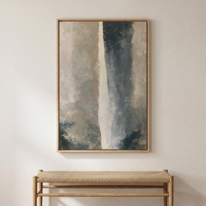a large abstract painting hanging on a white wall above a wooden bench.