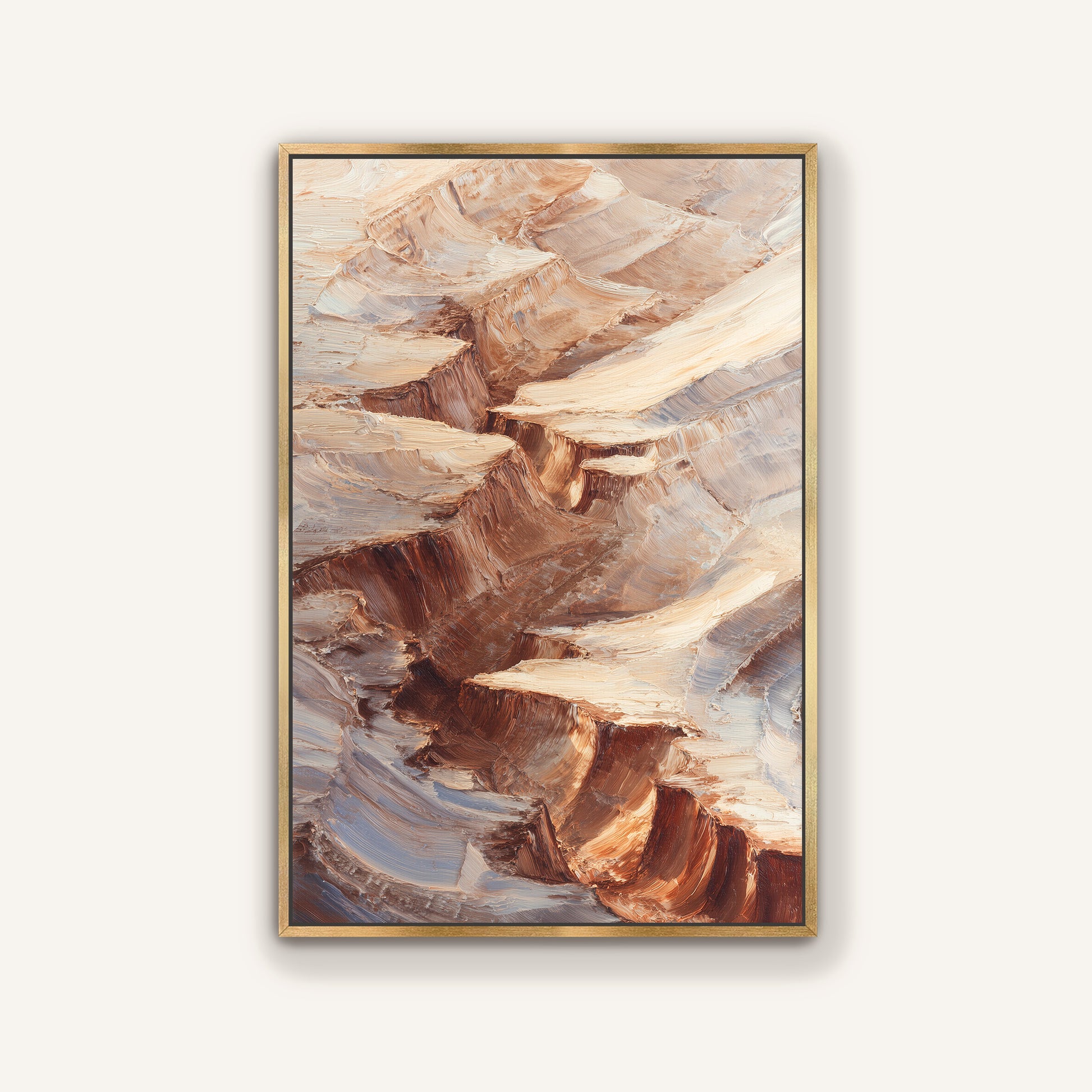 The image is a framed painting depicting a rocky cliff face with a mix of brown and beige hues, creating a textured and layered appearance.