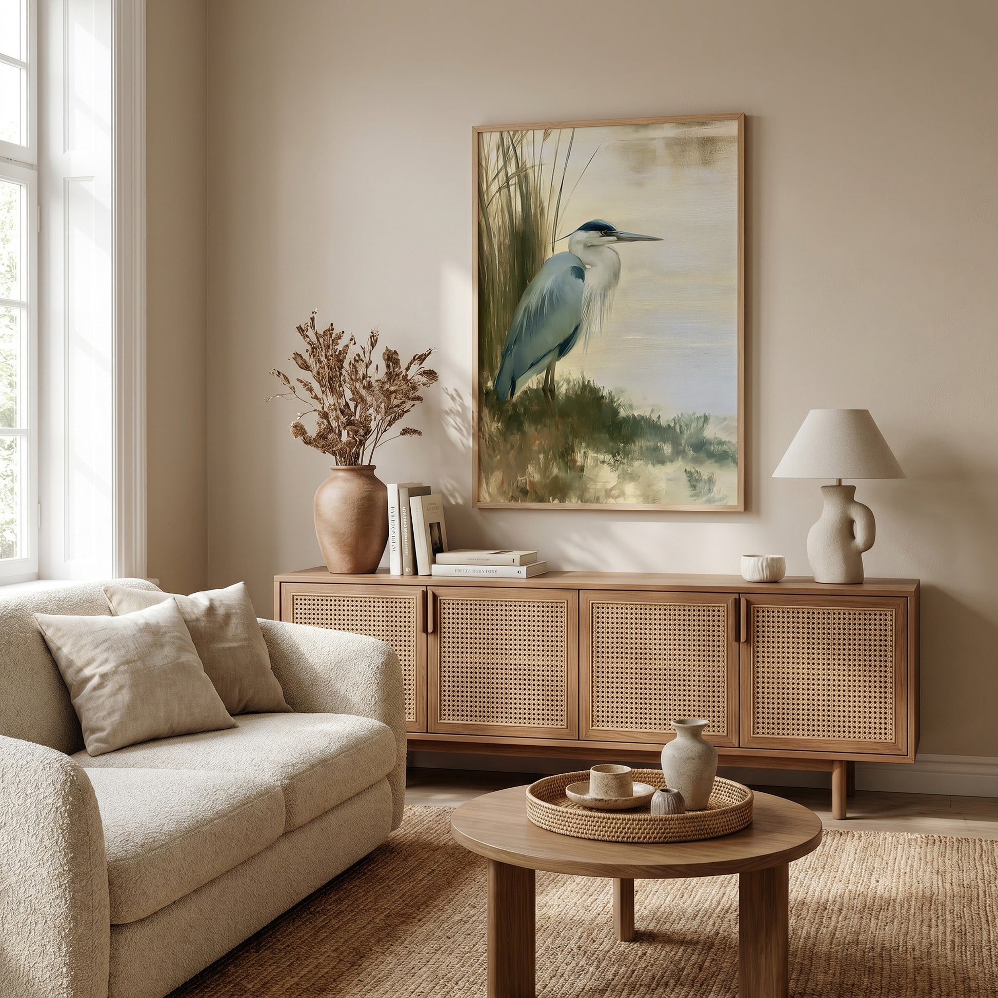 a serene living room with a large painting of a blue heron on the wall, a beige sofa, a wooden sideboard, and a round coffee table.