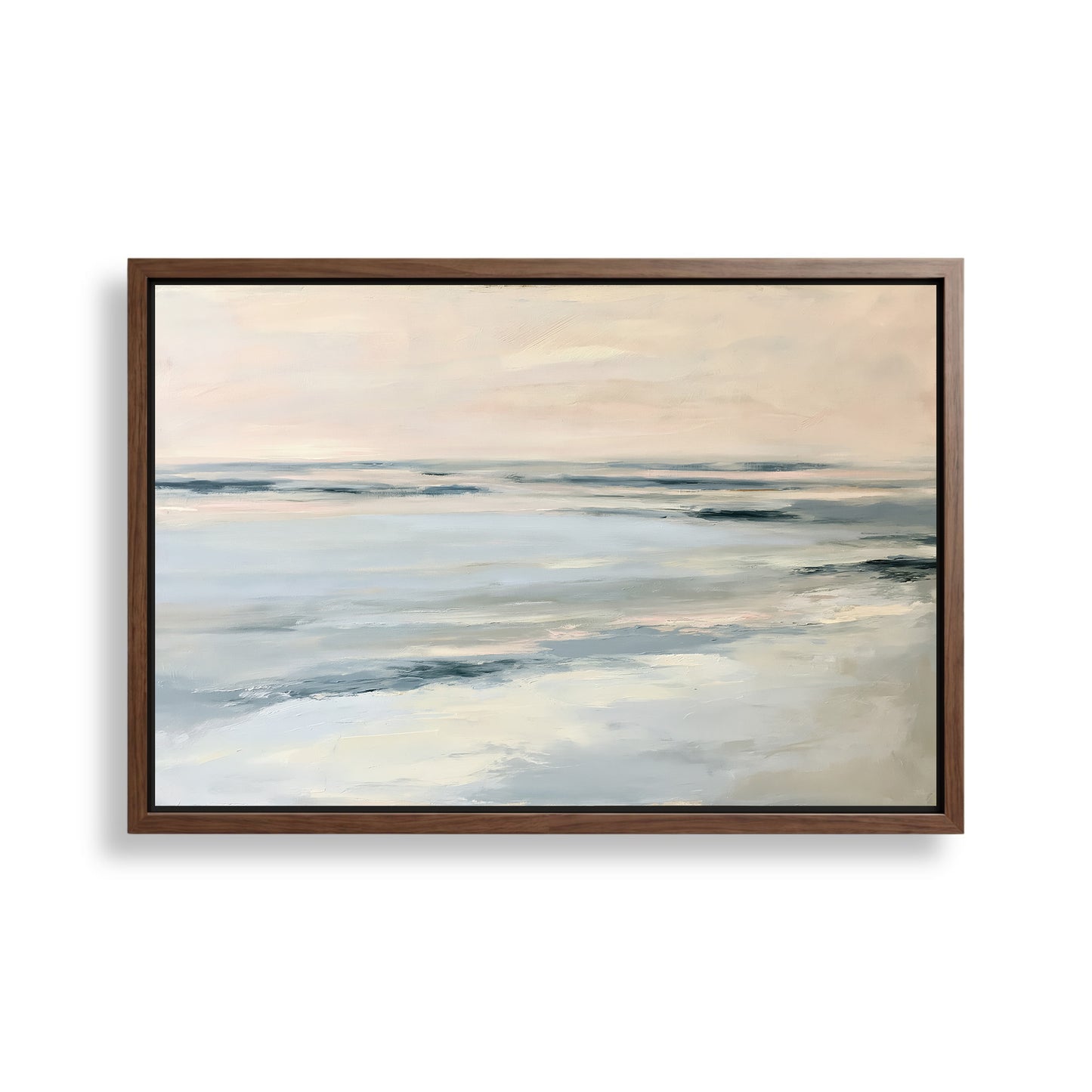 The image is a framed painting depicting a serene landscape of a calm body of water, possibly a lake or ocean, with gentle waves and a hazy, pale blue sky in the background.