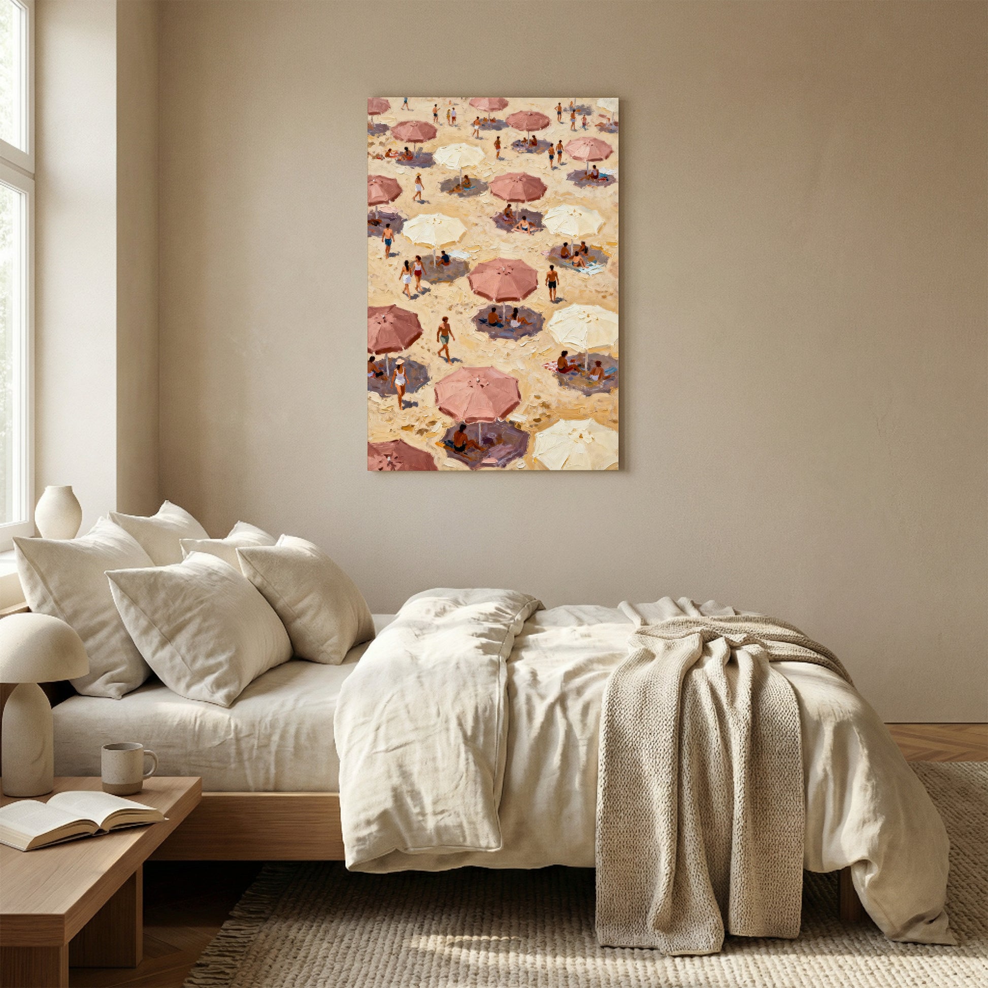 a serene bedroom scene with a bed, nightstand, and a large painting of a beach scene hanging on the wall.