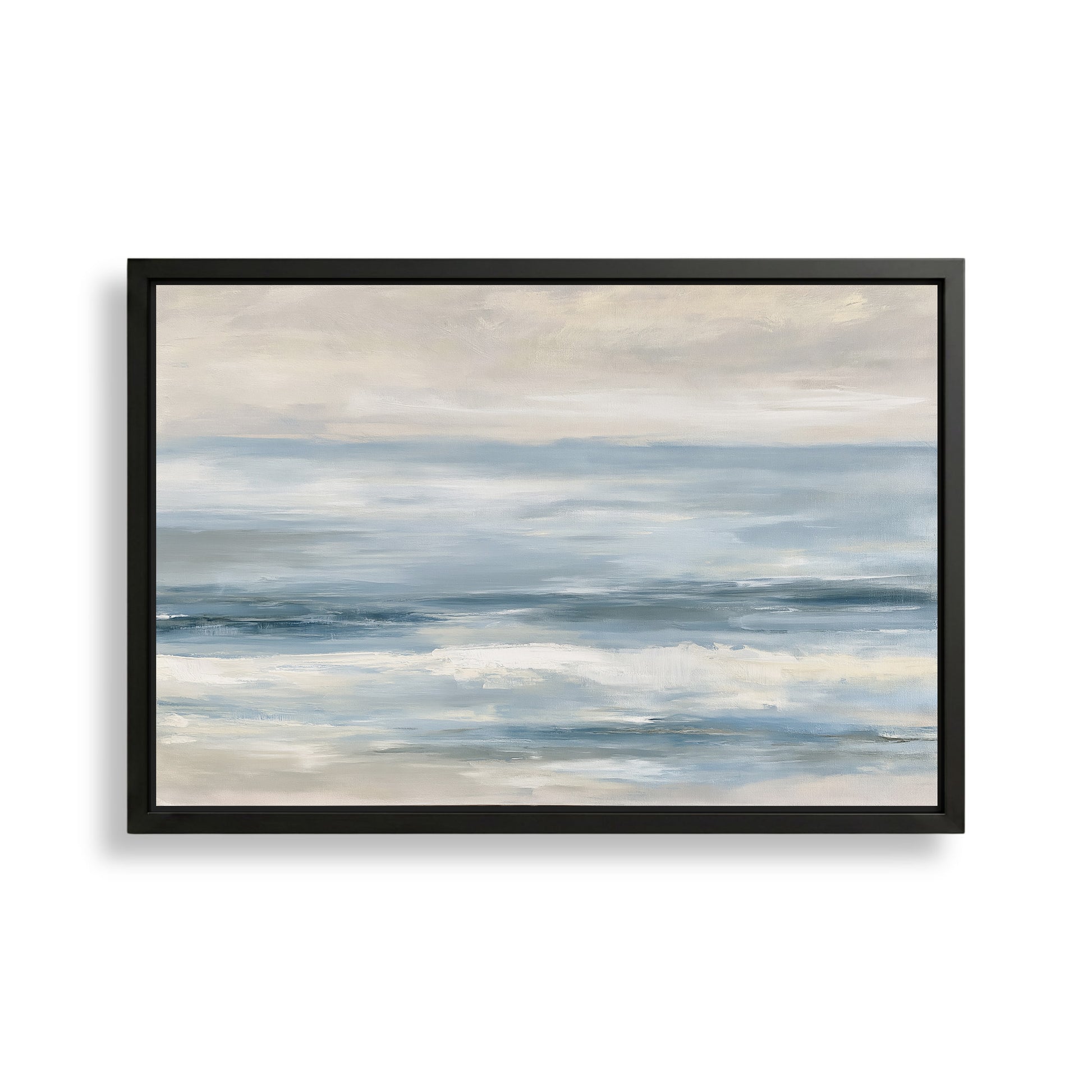 The image is a framed painting depicting a serene ocean scene with a cloudy sky above.