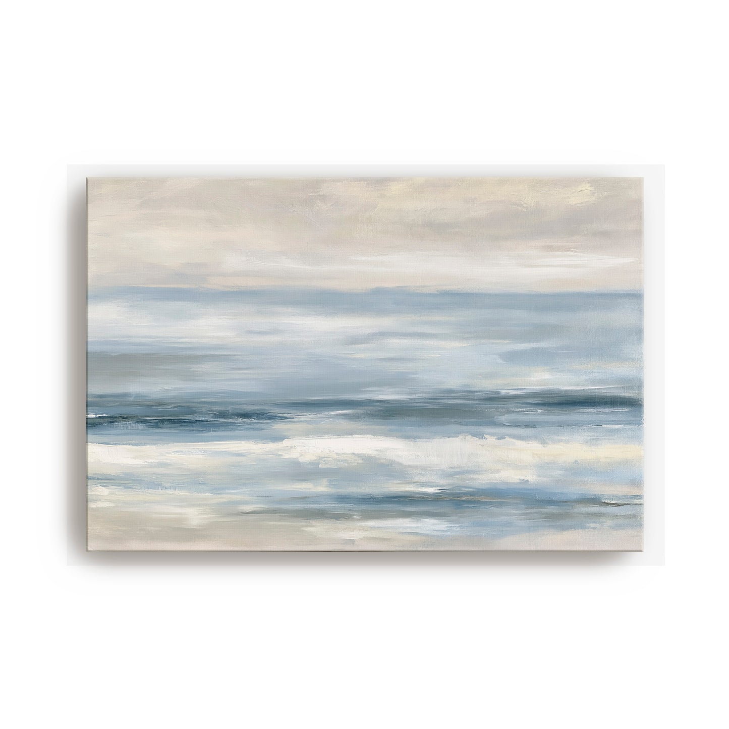 The image is a painting depicting a serene ocean scene with waves gently lapping against the shore.