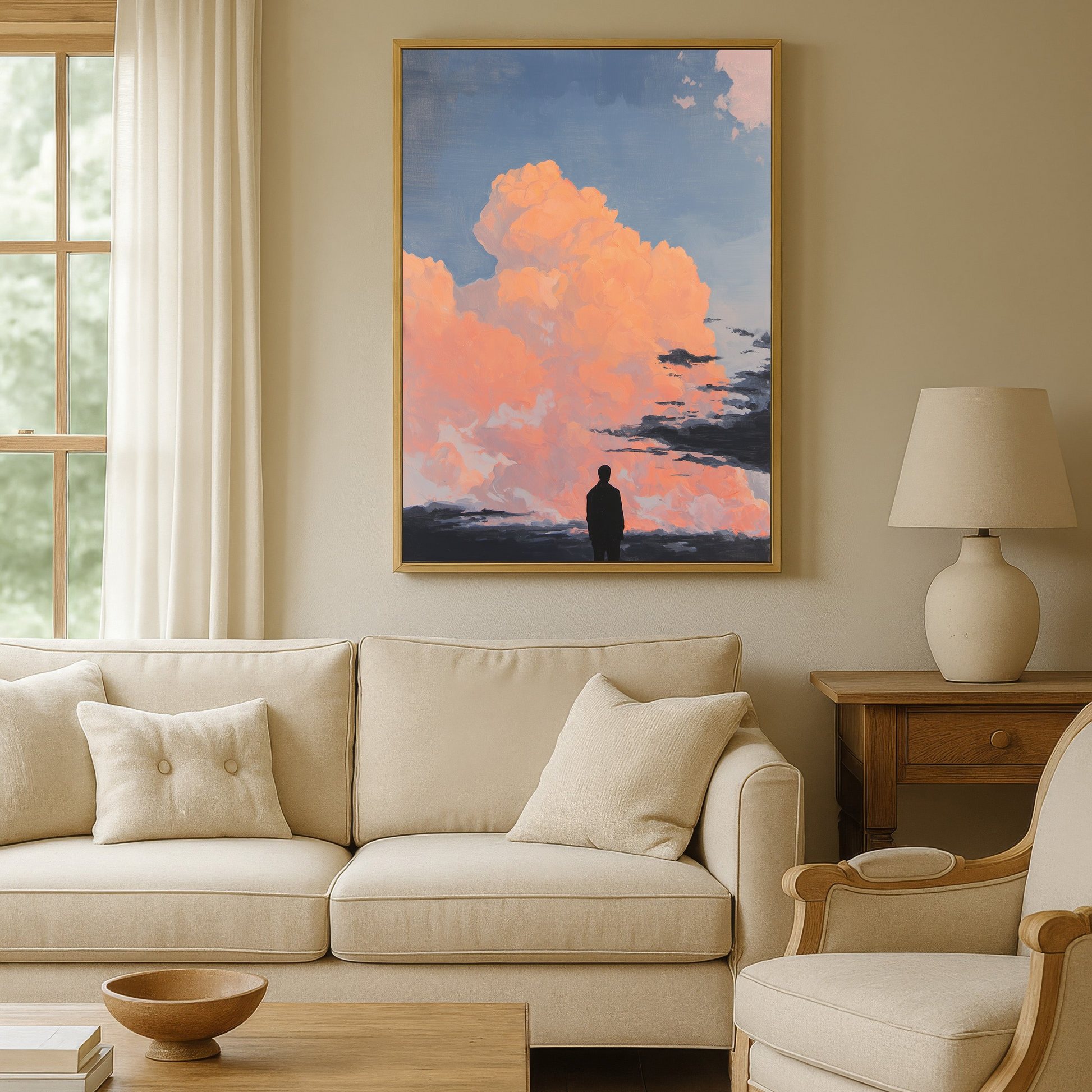 a serene living room with a large framed painting of a person standing in front of a picturesque sky with clouds. The painting is hung on the wall above a beige sofa and a wooden coffee table. The room also features a window, a lamp, and a chair, creating a cozy and inviting atmosphere.