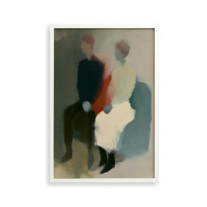 The image is an abstract painting featuring two figures sitting together, with a focus on the colors and brushstrokes rather than specific details.