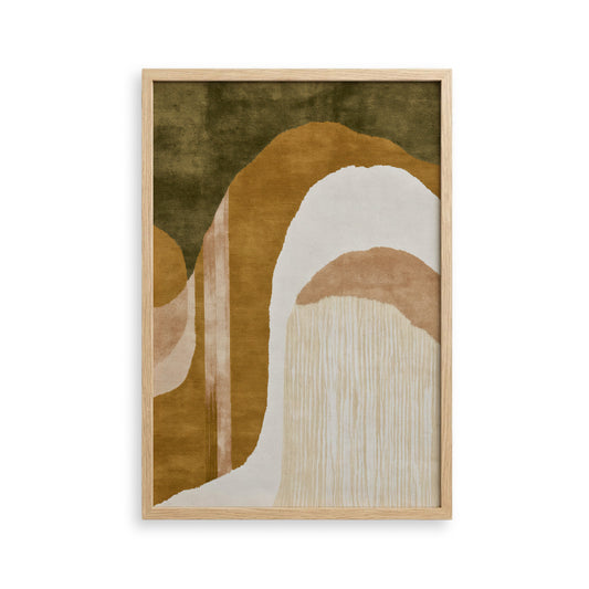 The image is a framed abstract artwork with a minimalist design featuring a combination of brown, white, and beige colors.