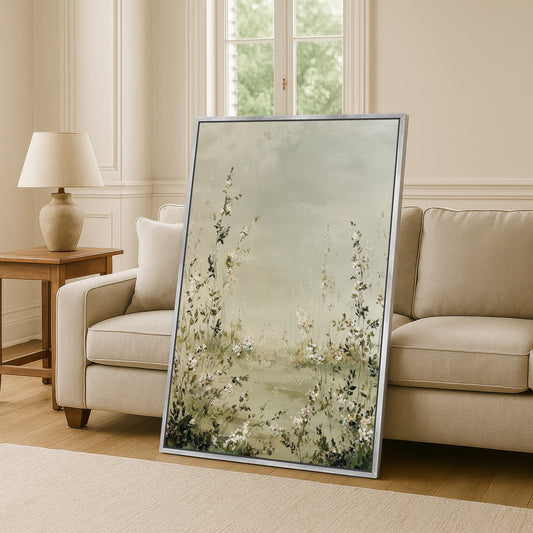 a large framed painting of flowers on a wall, with a couch and a lamp in the background.