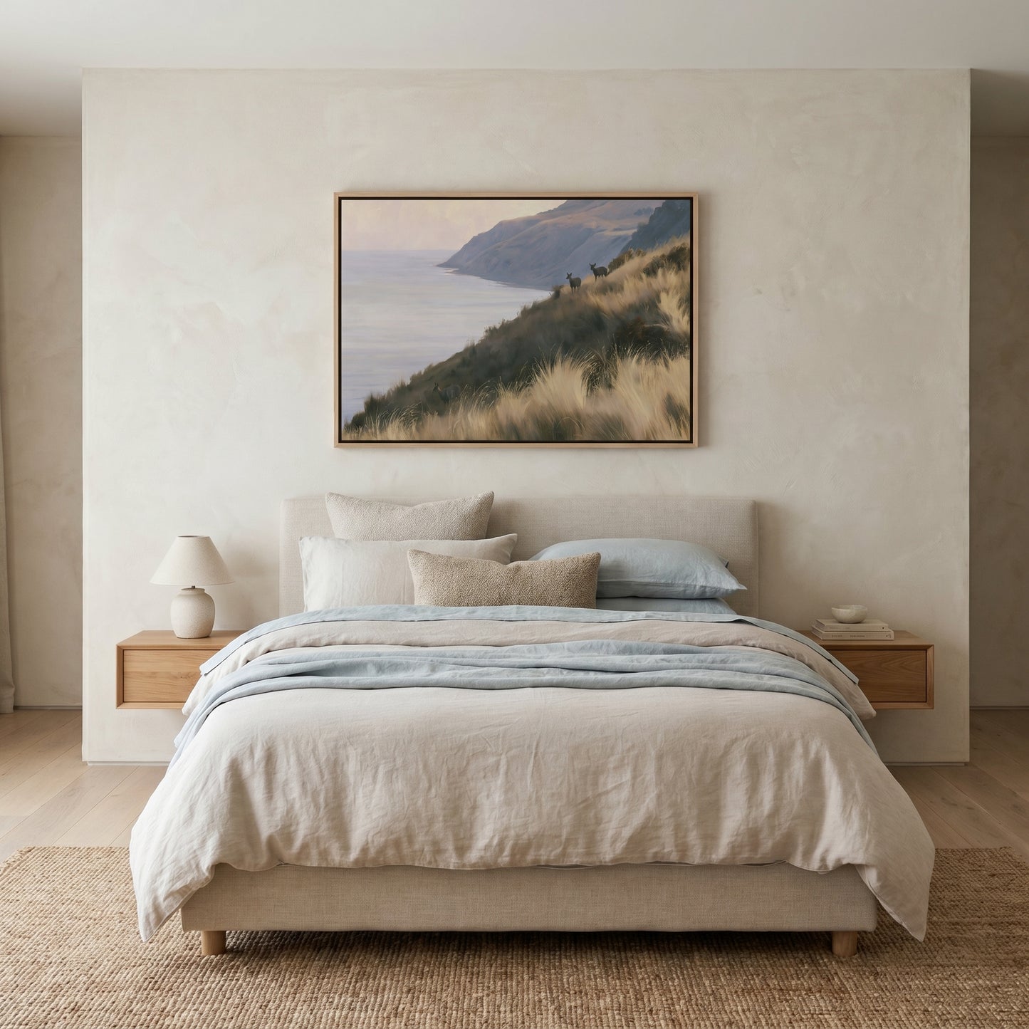 a serene bedroom setting with a large bed, a wooden nightstand, and a framed landscape painting hanging above the bed.