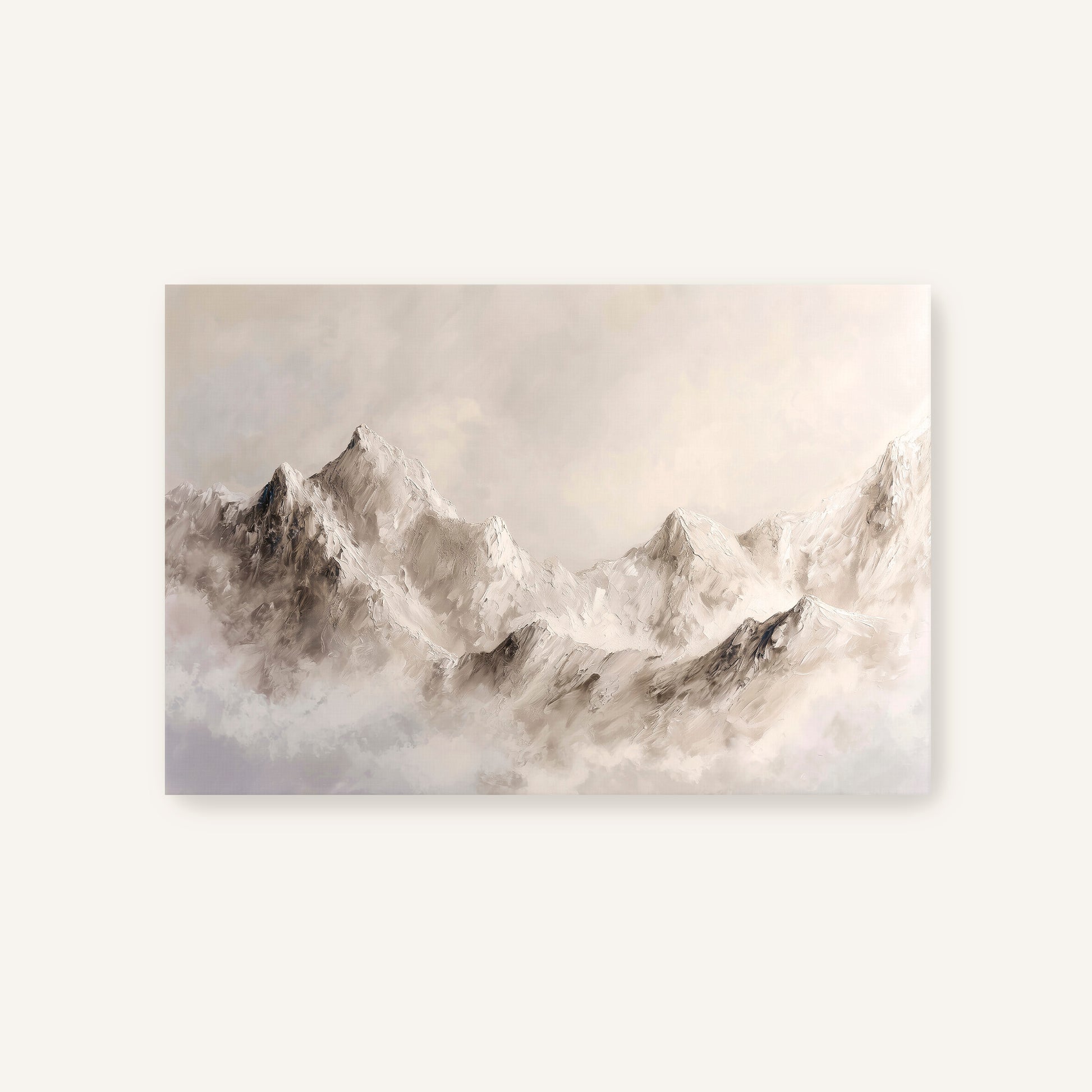 A serene landscape of snow-capped mountains shrouded in a light mist, creating a sense of tranquility and grandeur.