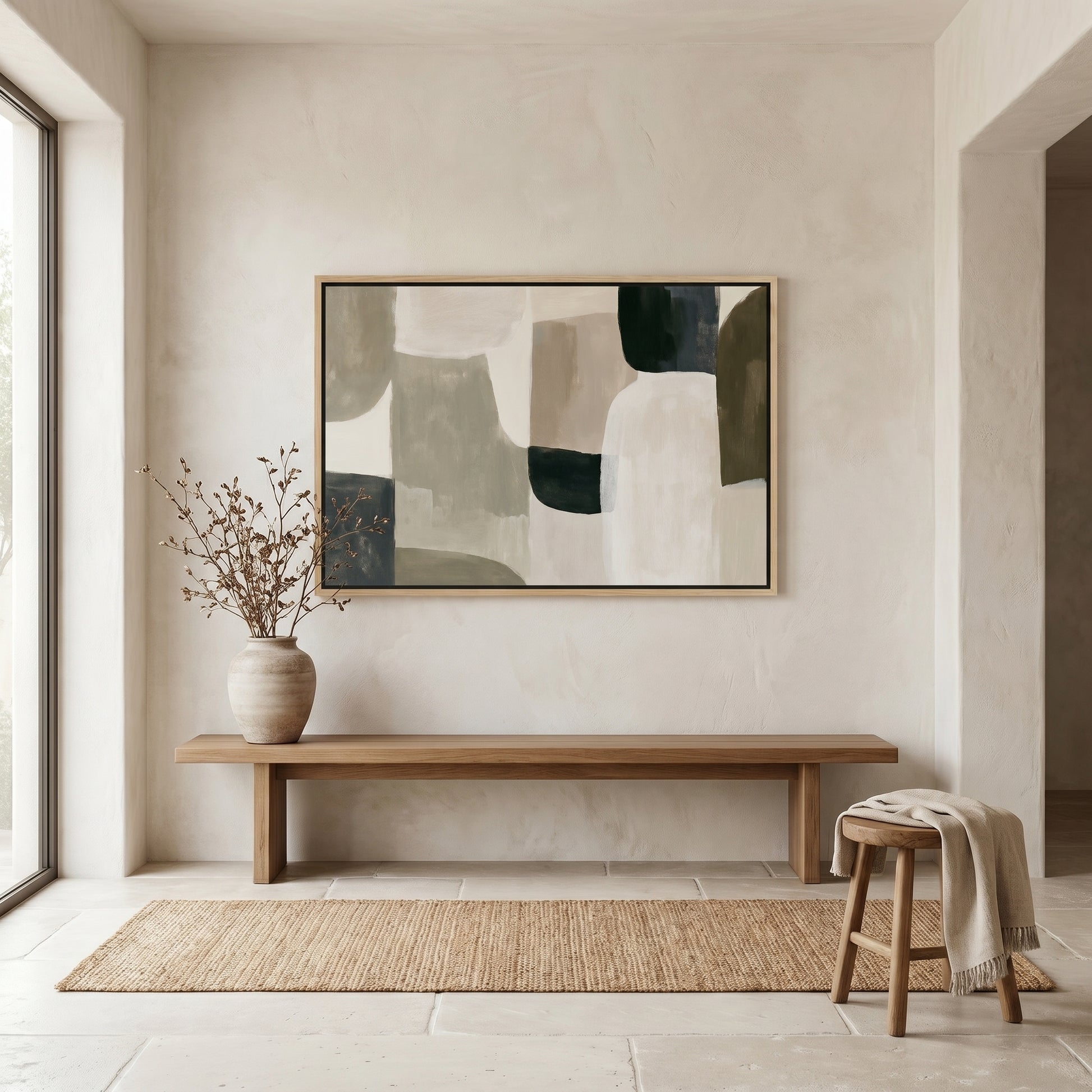 a minimalist interior design with a large abstract painting hanging on a white wall above a wooden bench. The painting is predominantly gray and white, with some green and brown accents. A vase with dried branches is placed on the bench, and a woven rug is spread out on the floor in front of the bench.