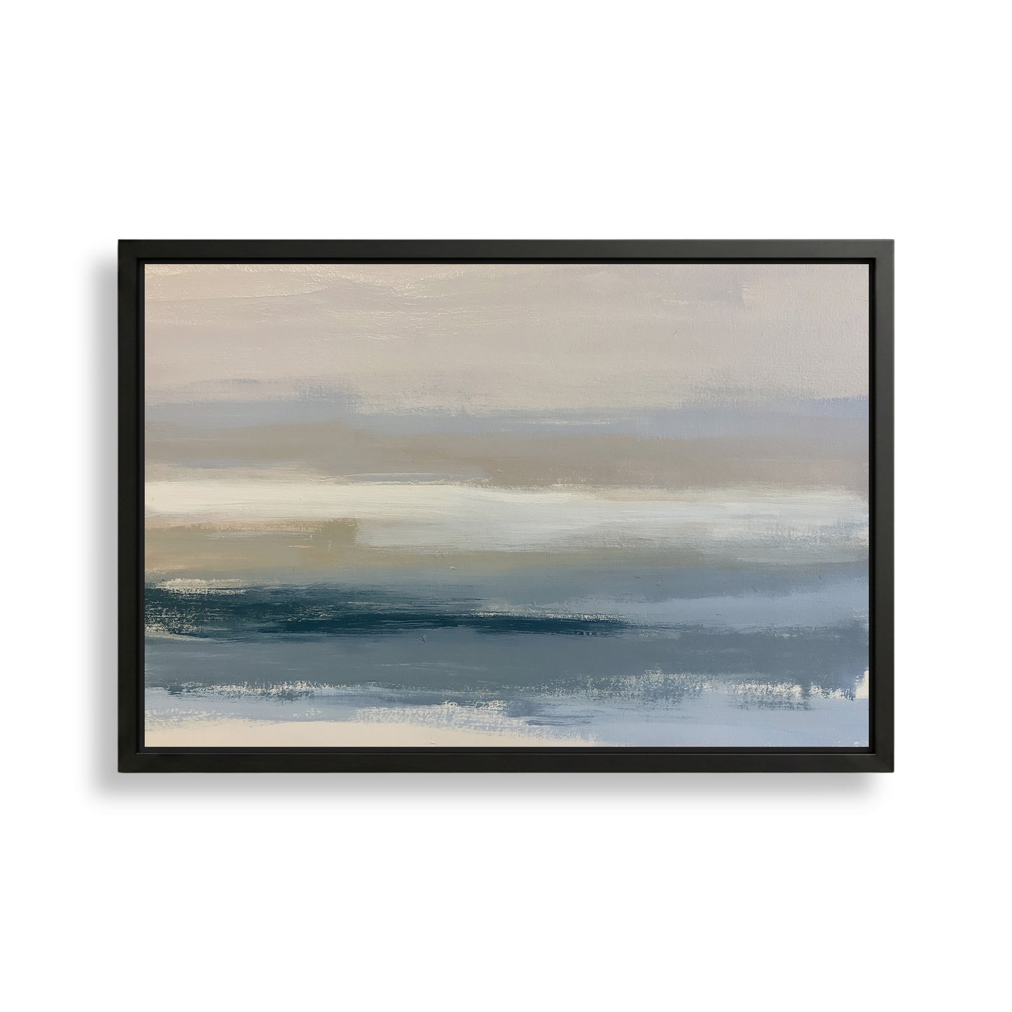 The image is a framed abstract painting depicting a serene landscape with a body of water and a cloudy sky.