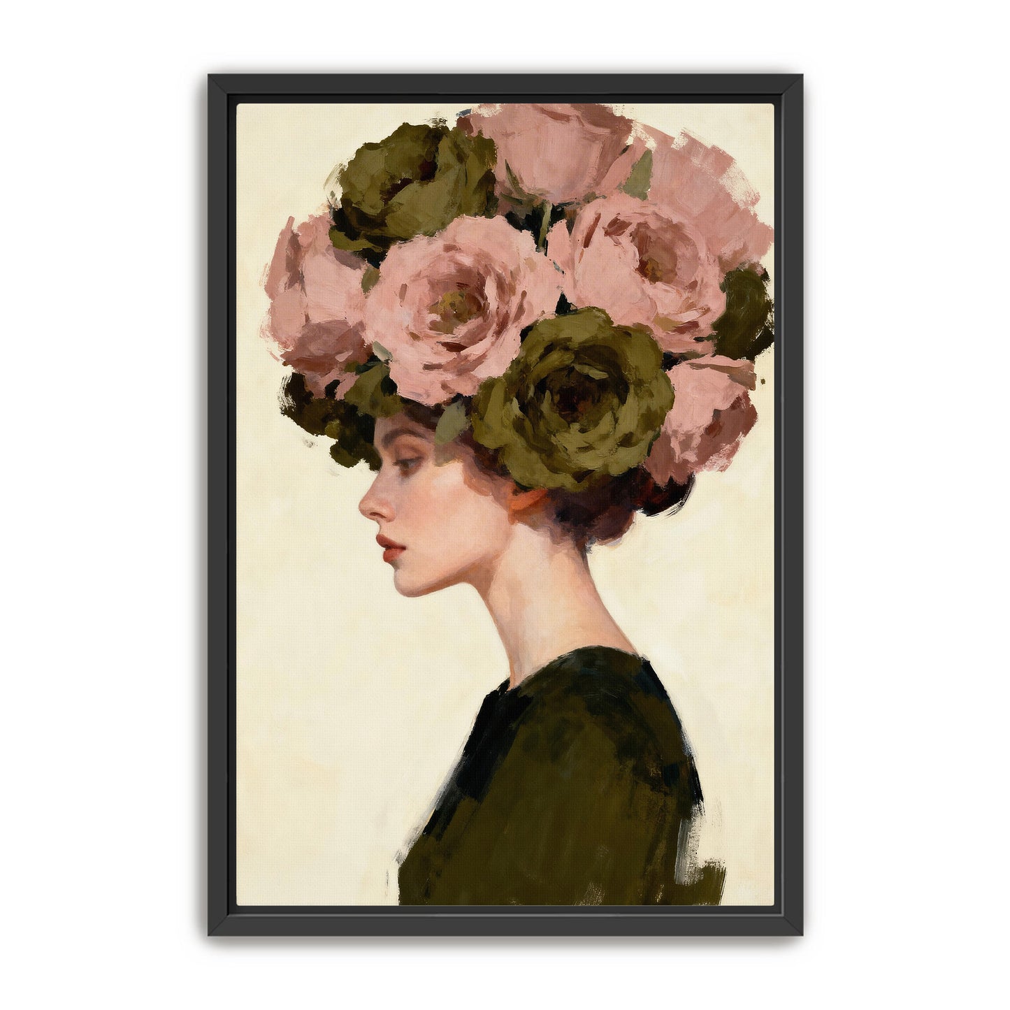 A woman with a large floral headdress is depicted in profile, wearing a green dress.