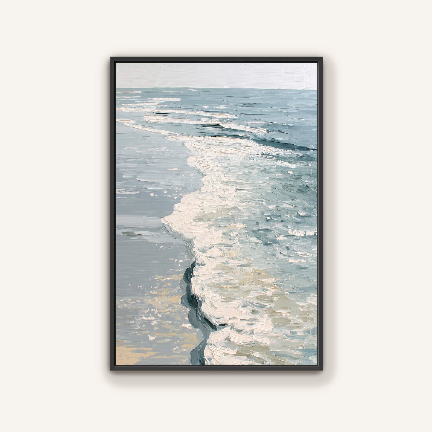 a serene scene of a calm ocean with gentle waves lapping against the shore.