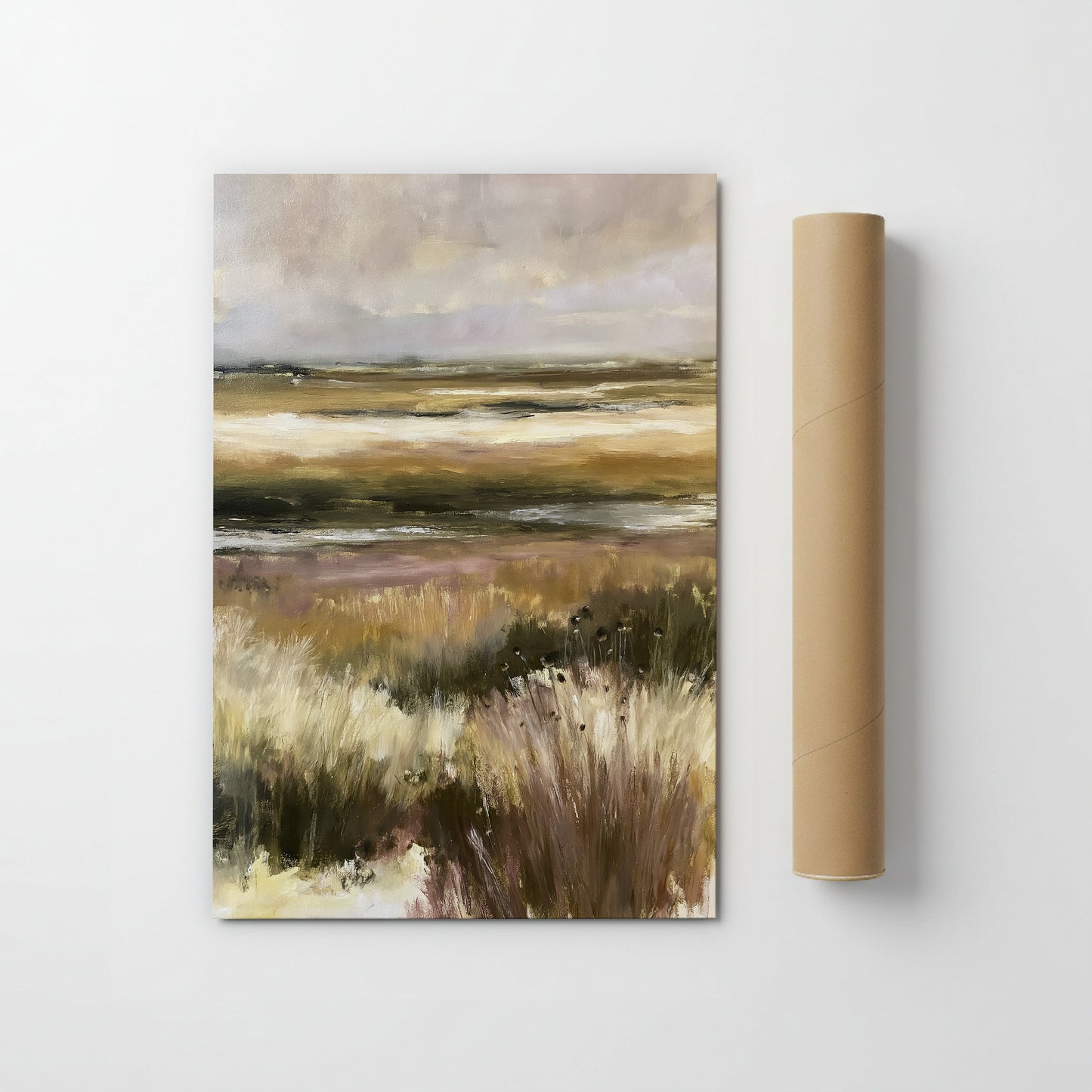 The image is a painting of a landscape depicting a field with tall grass and a body of water in the background.