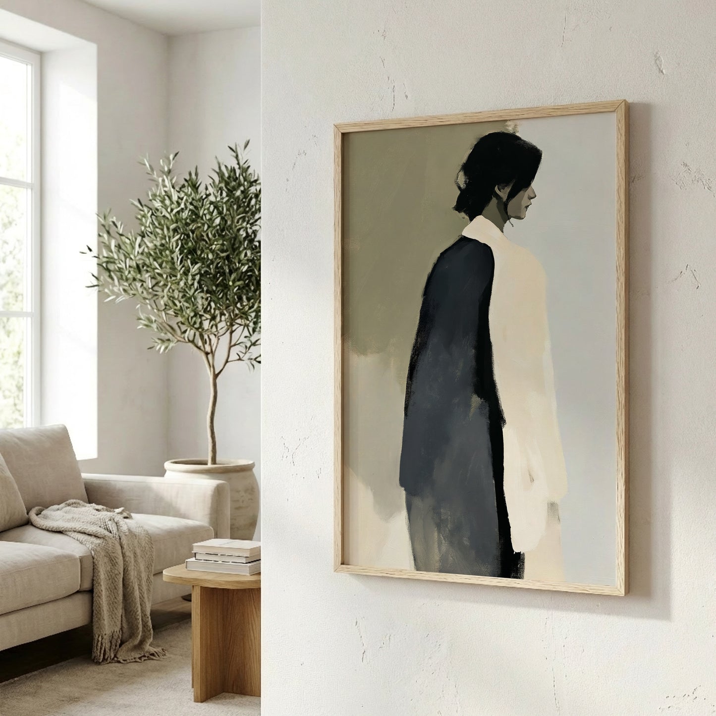 a living room with a framed painting of a person in a black and white outfit hanging on the wall. The room has a white sofa, a wooden side table, and a potted plant.