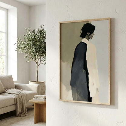 a living room with a framed painting of a person in a black and white outfit hanging on the wall. The room has a white sofa, a wooden side table, and a potted plant.