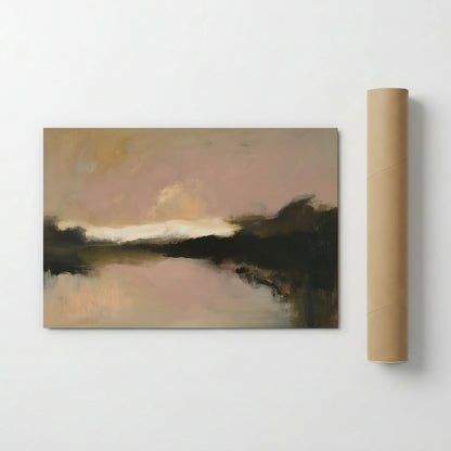 The image is a painting of a landscape depicting a serene body of water with a cloudy sky in the background.