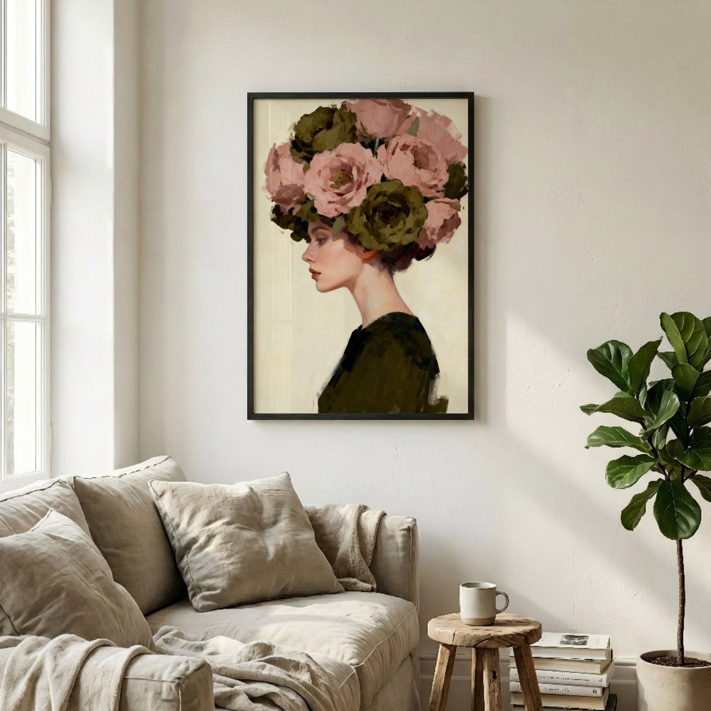 a framed painting of a woman with a large floral headdress, hanging on a wall in a living room setting.