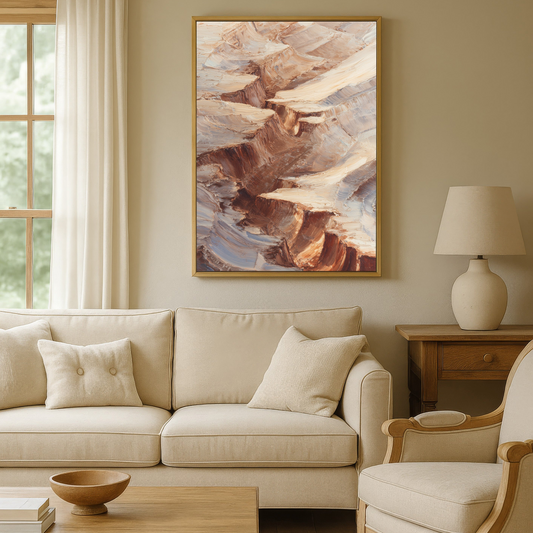 a cozy living room with a large window, a beige sofa, a wooden coffee table, and a framed abstract painting hanging on the wall.