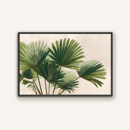 A framed image of a group of green palm leaves against a light background.
