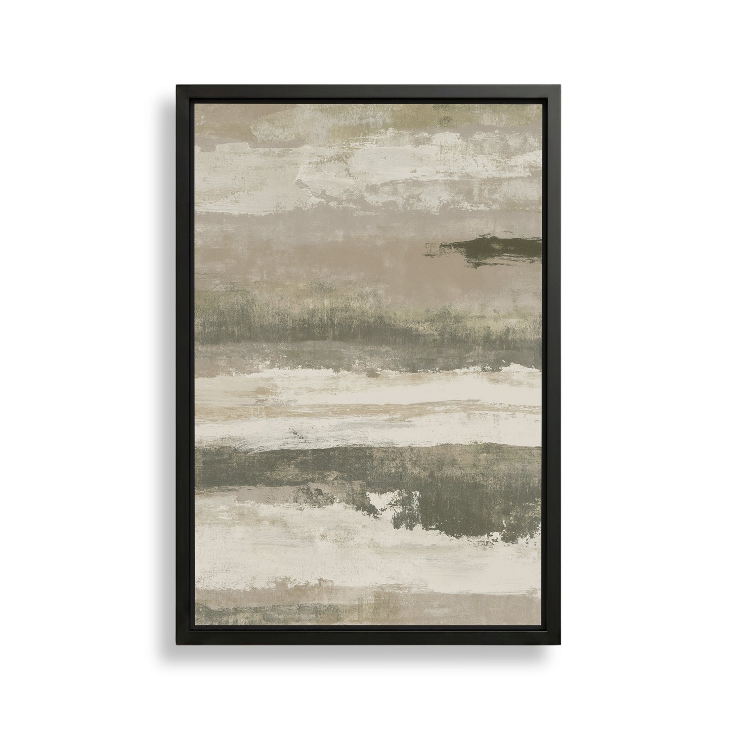 The image is a framed abstract painting with a textured, earthy color palette of beige, gray, and brown.