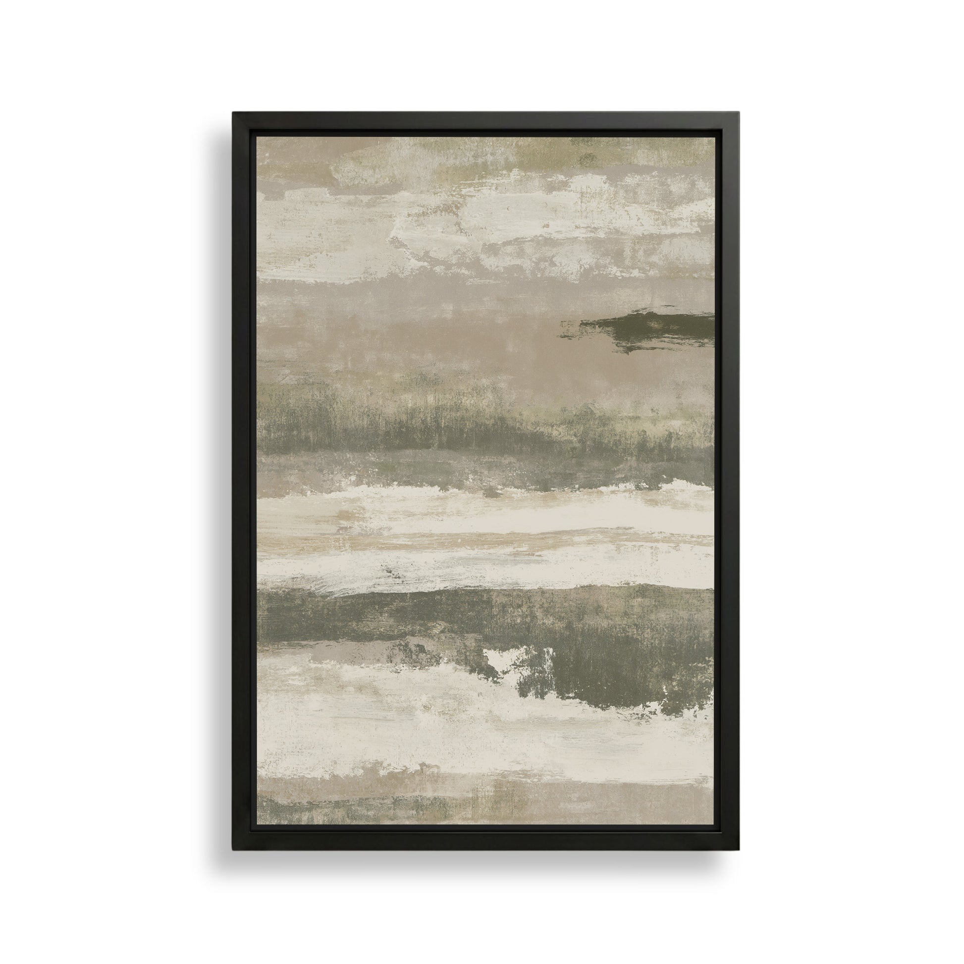 The image is a framed abstract painting with a textured, earthy color palette of beige, gray, and brown.