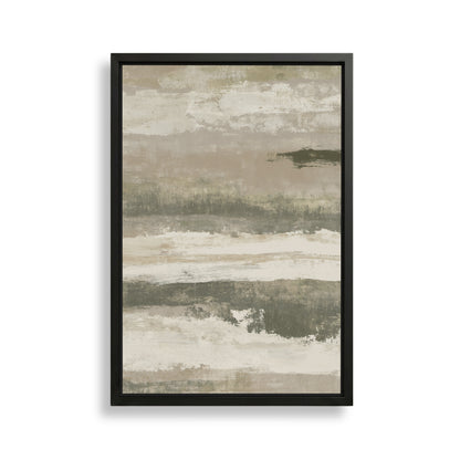 The image is a framed abstract painting with a textured, earthy color palette of beige, gray, and brown.