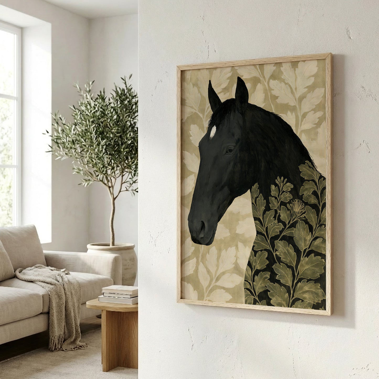a black horse with a leafy pattern on its body, which is the central focus of the scene. The horse is depicted in a framed artwork, hanging on a wall in a living room setting.