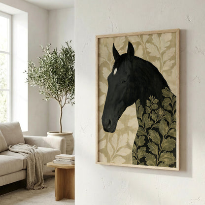 a black horse with a leafy pattern on its body, which is the central focus of the scene. The horse is depicted in a framed artwork, hanging on a wall in a living room setting.