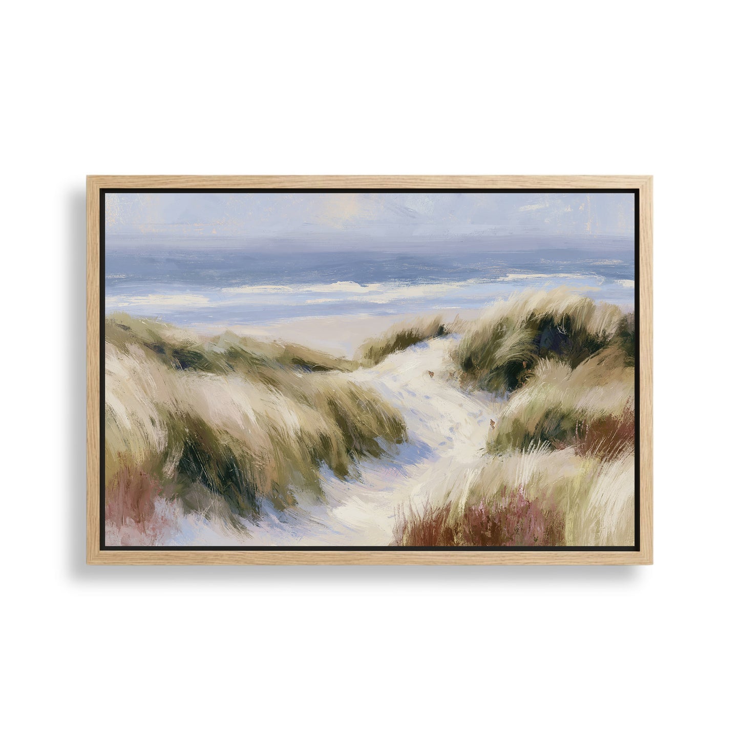 The image is a painting depicting a serene landscape with a beach, grassy dunes, and a body of water in the background.