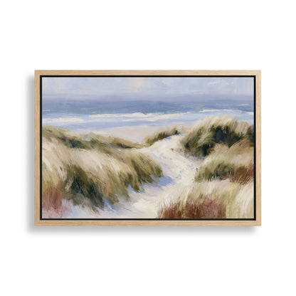 The image is a painting depicting a serene landscape with a beach, grassy dunes, and a body of water in the background.