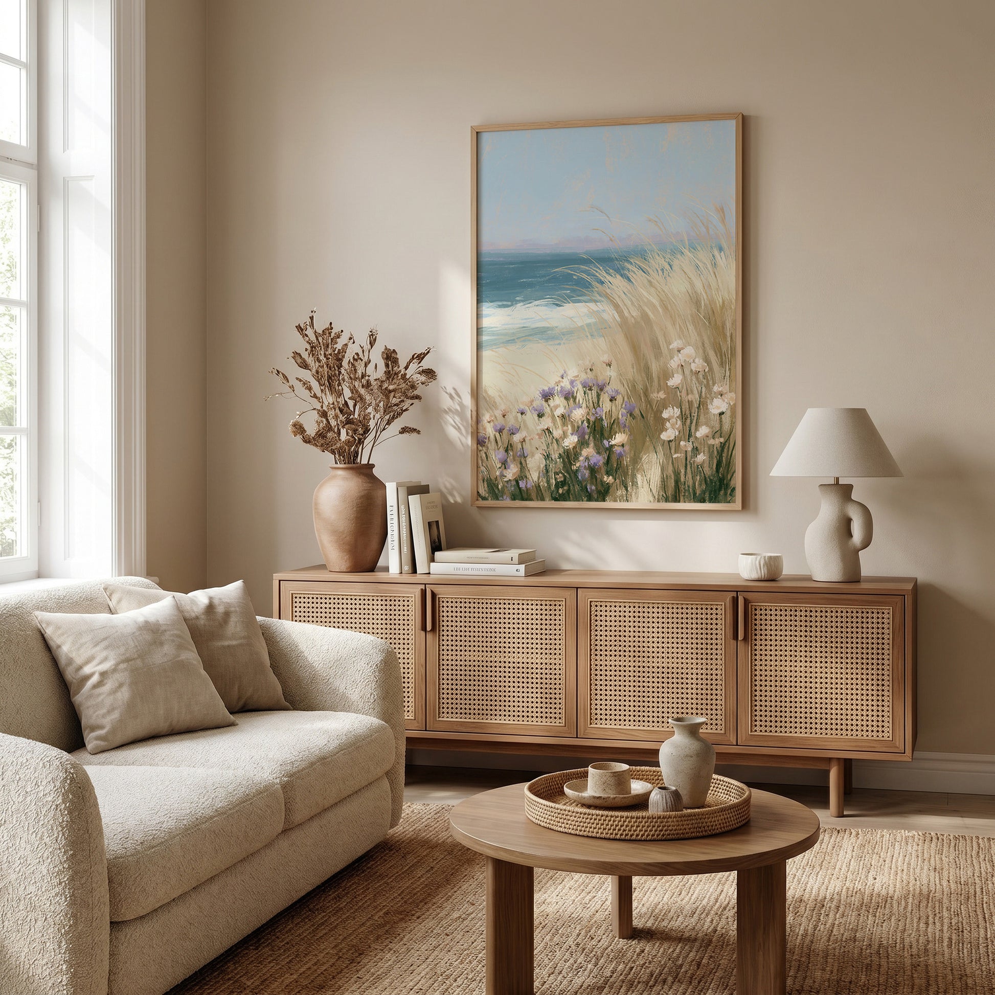 a cozy living room with a large window, a beige sofa, a wooden sideboard, a coffee table, and a framed painting of a beach scene.